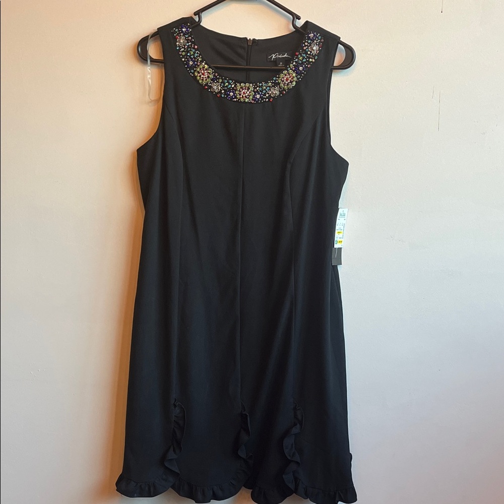 Prelude Black Mini Dress with colorful Rhinestone Embellished Neckline